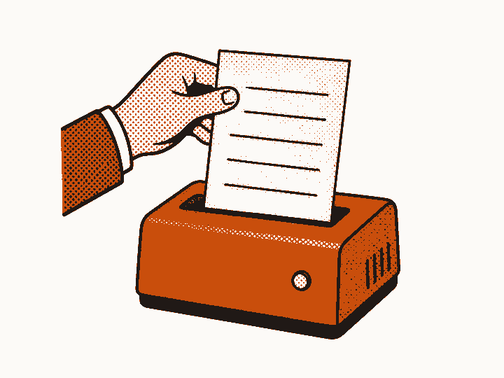 A hand feeds a written script into an audio conversion machine.