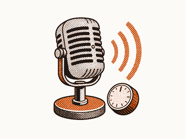 A studio microphone emits sound waves beside an adjustment dial.