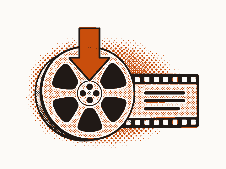 A download arrow points to a film reel and a strip of captioned frames.