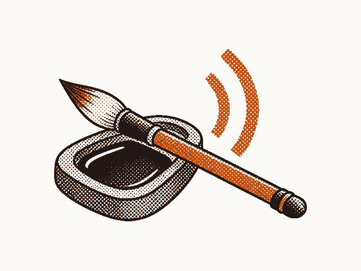 A calligraphy brush resting on an ink stone, with sound waves rising from it.