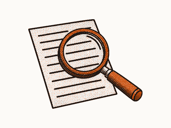 A magnifying glass over a page of text, for checking readings before generating.