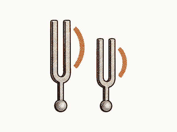 Two tuning forks of different sizes, one for each voice to compare.