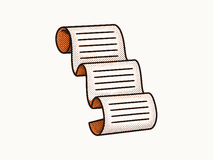 A long scroll of ruled text unrolling downward, standing in for a full script.