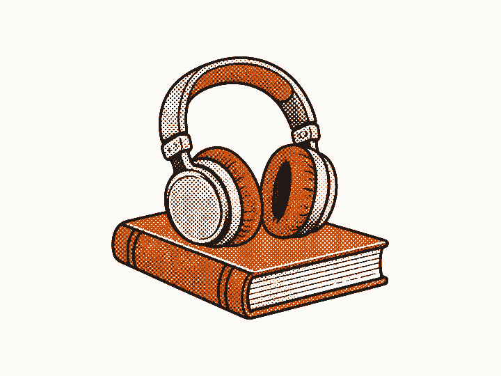 Over-ear headphones resting on a closed book, for choosing a narrator voice.