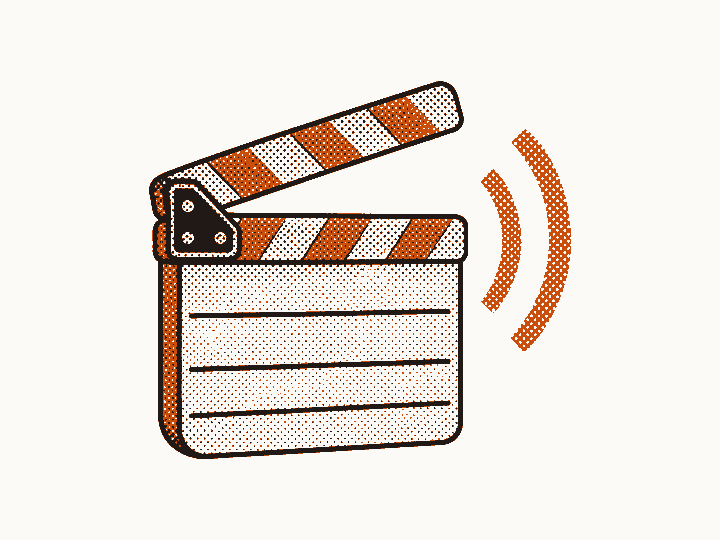 A clapperboard with sound waves, marking the download and edit step.