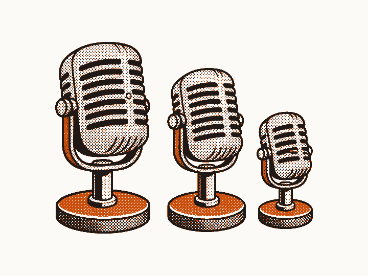 Three studio microphones of different sizes, one for each voice to compare.