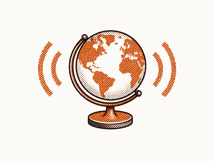 Sound waves flank a globe to represent spoken content in different languages.