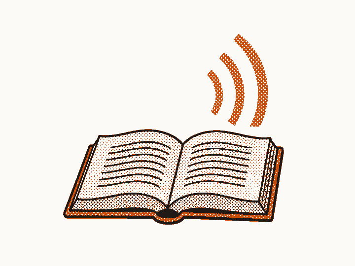Sound waves rise from the pages of an open book.
