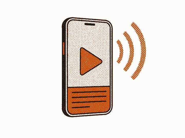 An upright phone displays a play button and ruled caption lines.